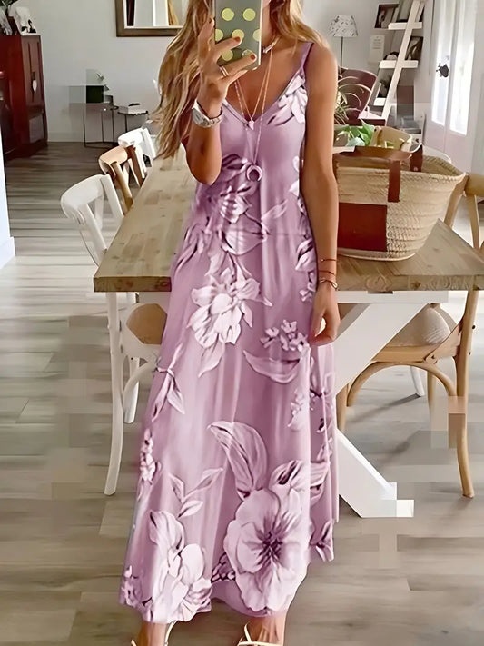 Floral Print Casual Crew Neck Ankle Cami Spaghetti Dress